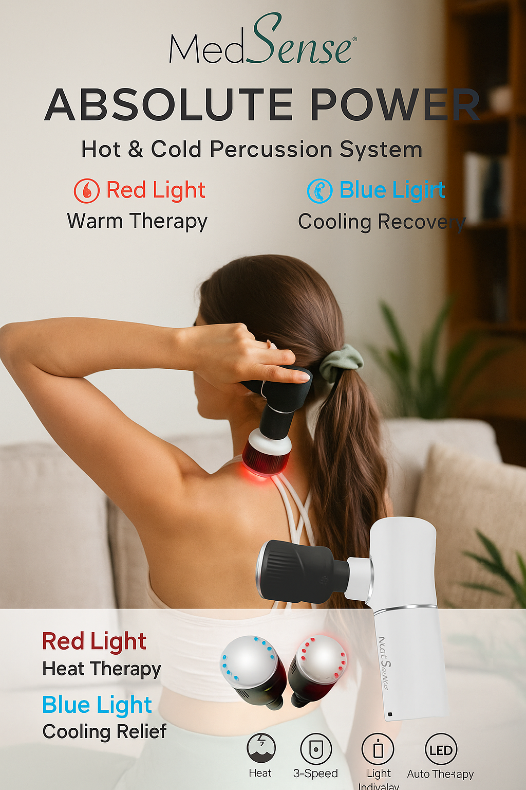 MedSense Absolute Power Handheld Percussion Massage Device with LuminaTherm Attachment