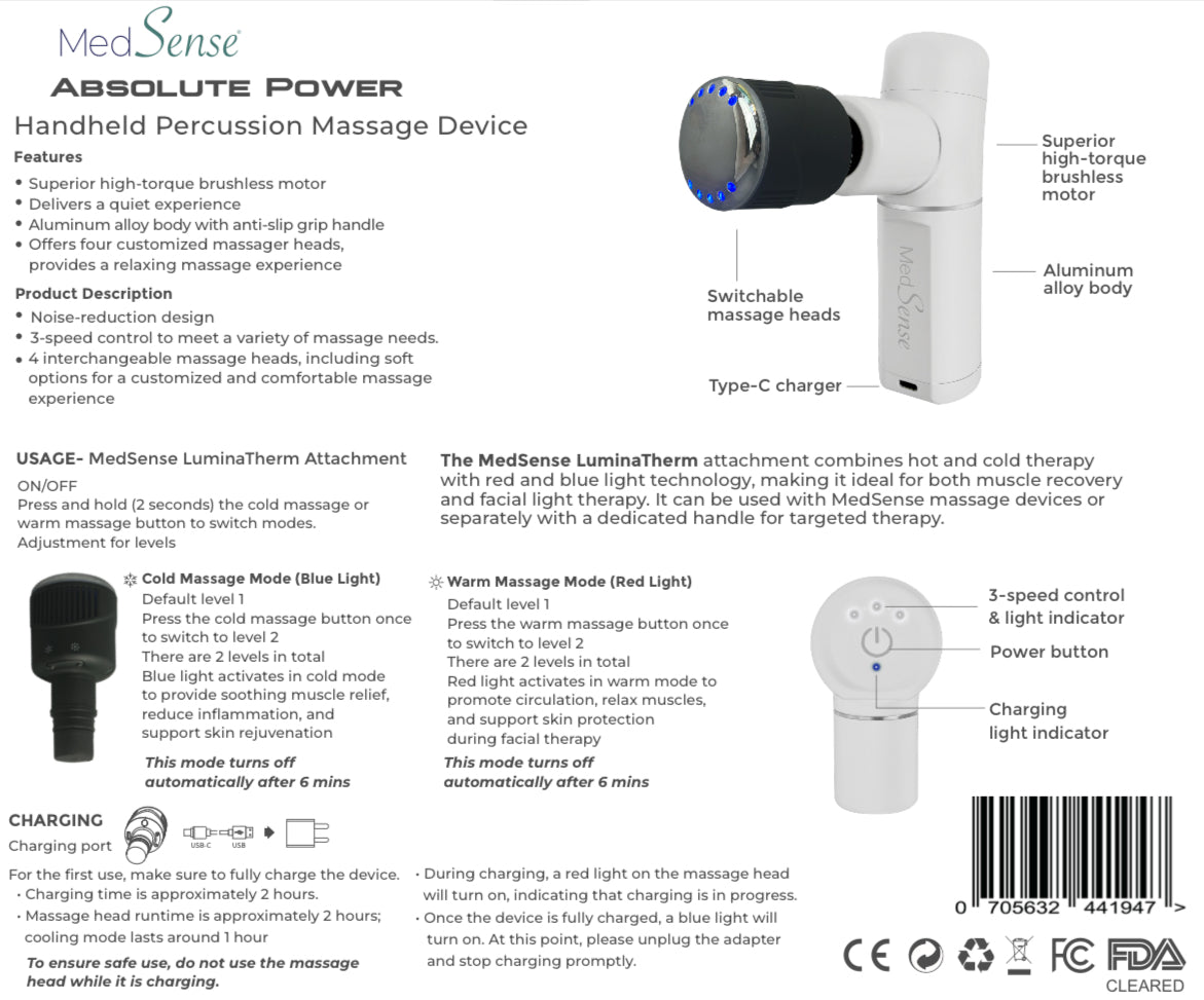 MedSense Absolute Power Handheld Percussion Massage Device with LuminaTherm Attachment